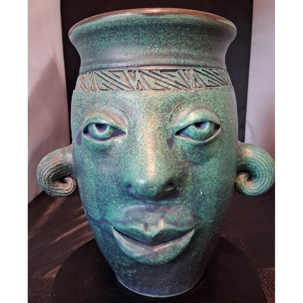 Bruce Fontaine Orig. Turquoise Glazed‎ Ceramic Vase with Abstract Human Face